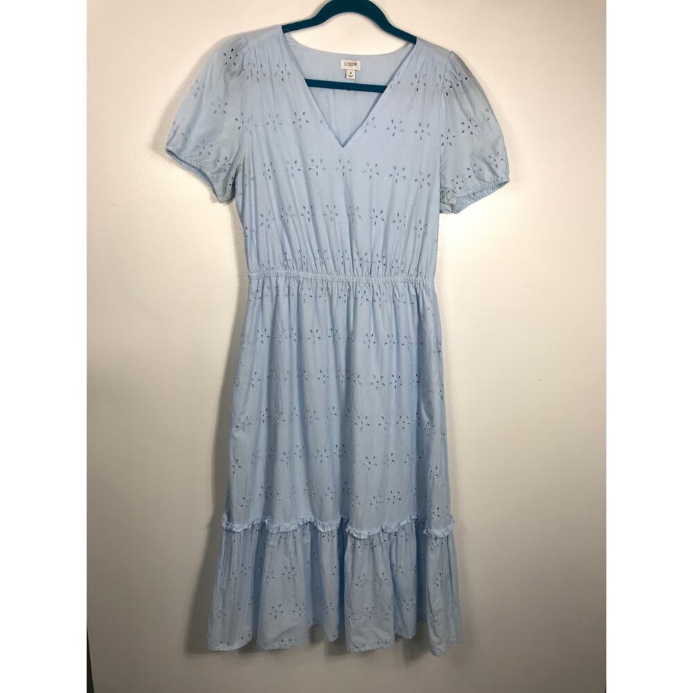 J. Crew Midi Dress Women's 8 Blue V Neck Puff Sleeve Eyelet Tiered Feminine - Picture 2 of 15